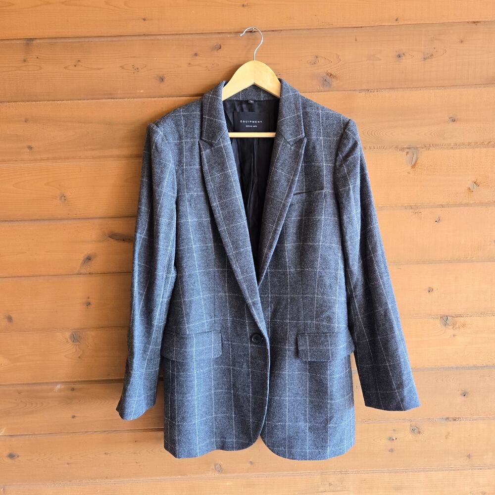 Equipment James Blazer Jacket Gray Windowpane Wool Coat Preppy Workwear Preppy - Picture 2 of 6